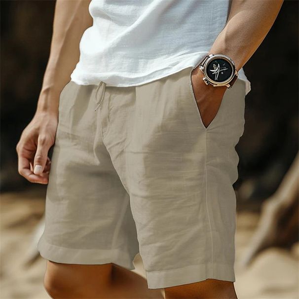 Men's Cotton Linen Solid Color Drawstring Elastic Waist Straight Leg Breathable Beach Style Shorts Fashion Everyday Clothing_viptrois.com