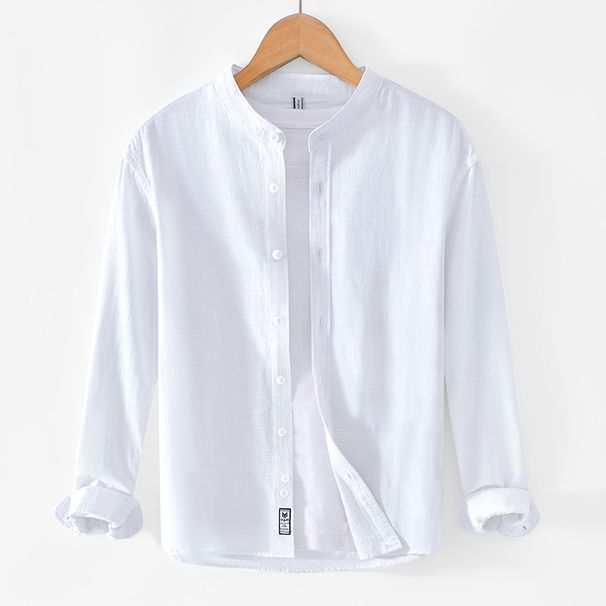 Spring And Autumn Casual Cotton Shirt Loose Stand Up Collar Solid Color Interior And Exterior Long Sleeve Shirt_viptrois.com