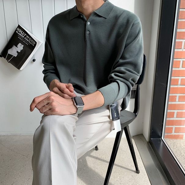 MYQ Long Sleeved Knitted Men's Autumn Korean Version Loose And Trendy Versatile Solid Color Polo Collar Sweater Base_viptrois.com