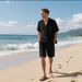 Summer Men's Solid Color Casual Shirt Breathable Lapel Button Short Sleeved Beach Set_viptrois.com
