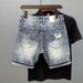 Men's Clothing Personalized Trendy Brand Side Whisker Stitching Denim Shorts Summer New Boys Scratched Hole 5 Point Pants_viptrois.com