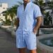 Men's Summer Shirt Set High Quality Button Decorated Shorts Stand Up Collar Solid Color Style_viptrois.com
