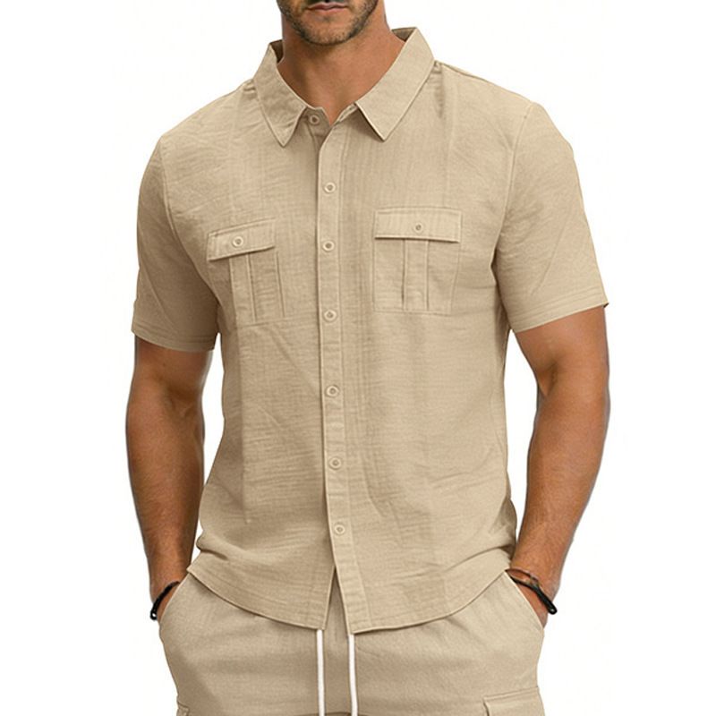 Men's Linen Blend Short Sleeve Shirt, Casual Multi-Pocket Camp Collar Shirt For Summer Outdoor Travel_viptrois.com
