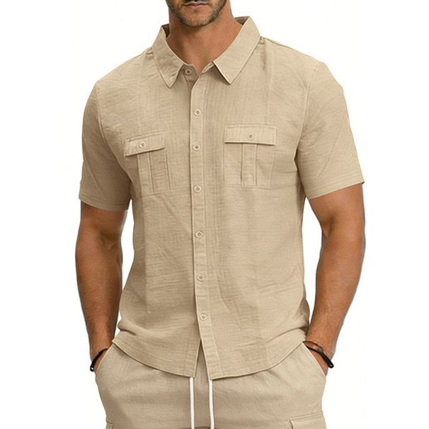Men's Linen Blend Short Sleeve Shirt, Casual Multi-Pocket Camp Collar Shirt For Summer Outdoor Travel_viptrois.com