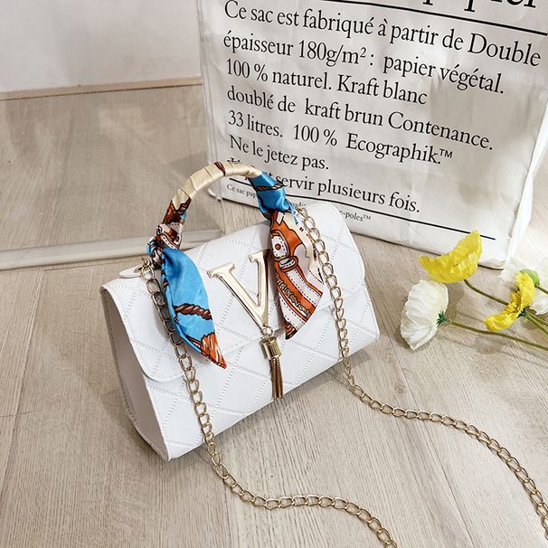 V-Pattern Quilted Square Bag With Scarf & Tassel - Stylish Lock Chain Shoulder Purse | Unique Geometric Print Crossbody Bag_viptrois.com