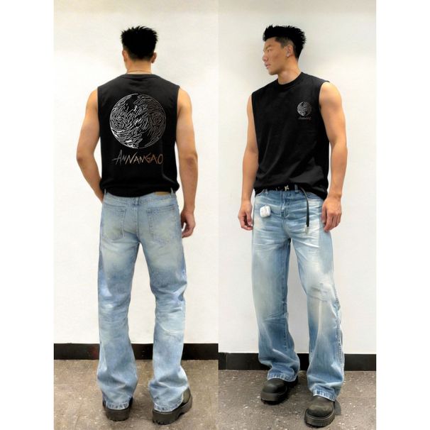 American Street Style Abstract Print Vest Men, Heavyweight Pure Cotton, Fashionable And Trendy Sleeveless Top For Summer_viptrois.com