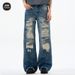 Men's Clothing High Street Ripped Jeans Straight Leg Piled Up Flared Trousers_viptrois.com