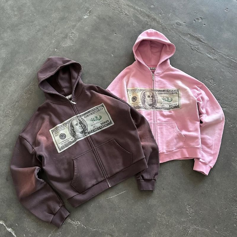 Y2K Retro Zip-Up Hoodie – 3D Dollar Print Gothic Streetwear, Oversized Unisex Pullover With Side Pockets (XS-XXXXL, Polyester, Machine Washable)_viptrois.com