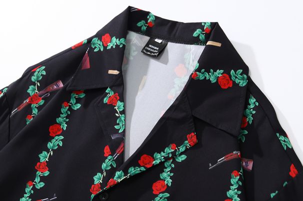 Loom Hong Kong Style Retro Vintage Cuban Collar Rose Full Print For Men With Unique Design, Loose Fit Couple Shirt_viptrois.com