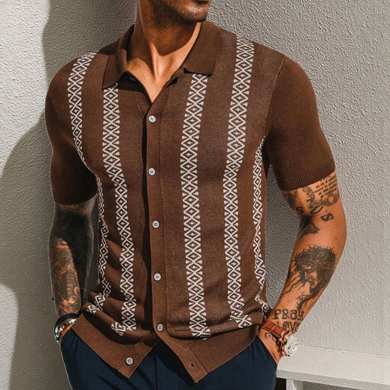 Men's Clothing Men's Summer Striped Jacquard Sweater Short Sleeved Cardigan Casual POLO Shirt SY0141_viptrois.com