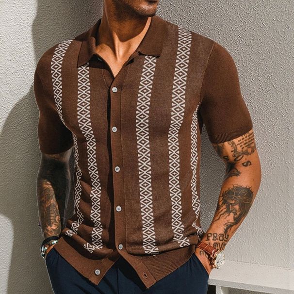 Men's Clothing Men's Summer Striped Jacquard Sweater Short Sleeved Cardigan Casual POLO Shirt SY0141_viptrois.com