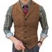 Men's Slim Fit Single-Breasted Waistcoat - Herringbone Pattern Business Vest For Groom & Office Wear, Breathable Polyblend Fabric_viptrois.com