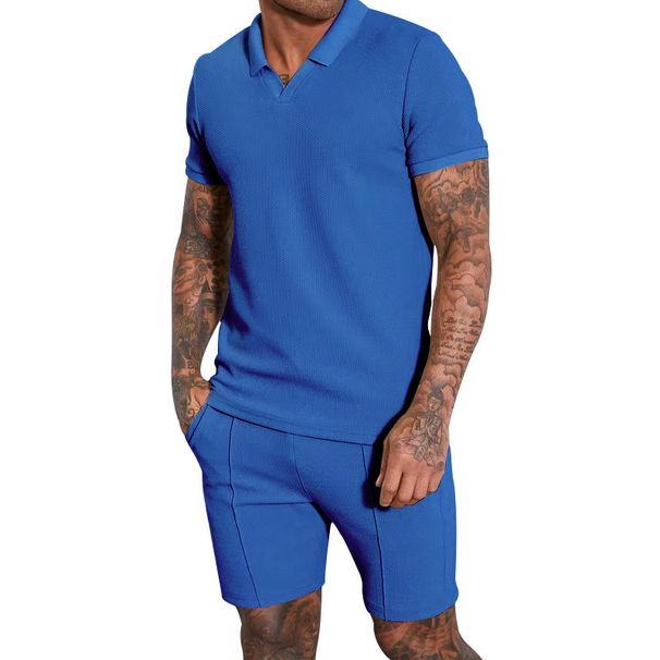 Men's Clothing Summer New Waffle V Neck Men's Short Sleeved Shorts Two Piece Lapel Polo Men's Suit_viptrois.com