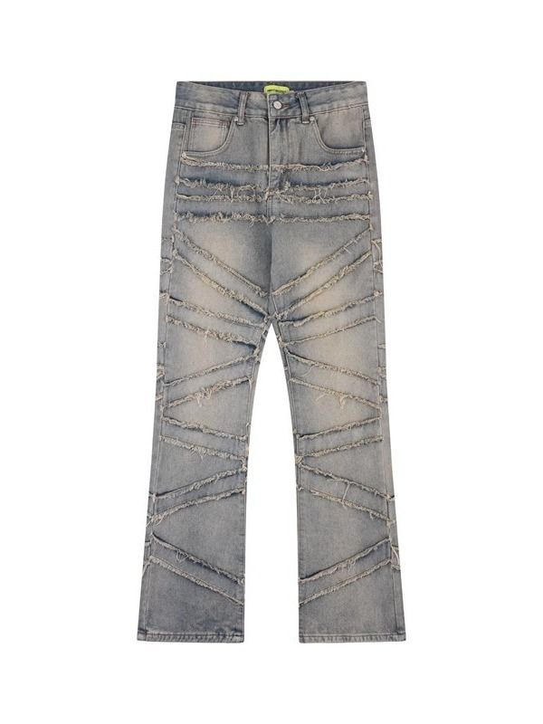 Men's Clothing Retro Heavyweight Distressed Line Bearded Jeans Men's Cleanfit Washed Slimming Pants_viptrois.com