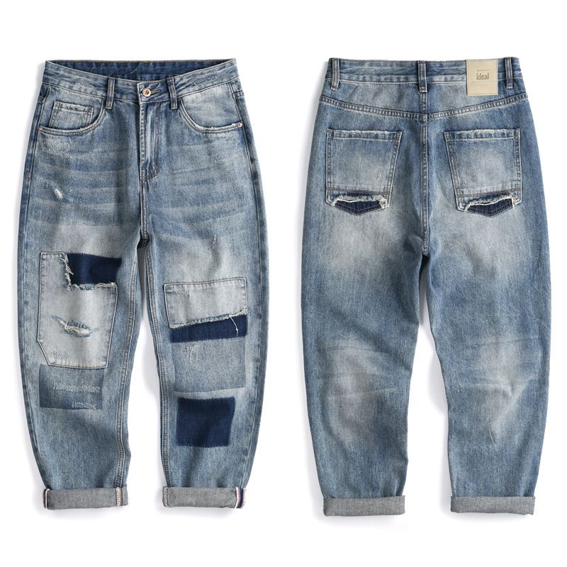 Men's Clothing Retro Ripped Jeans For Boys Loose Straight Casual Pants Trendy Patch Nine Point Daddy Pants Large Size Men_viptrois.com