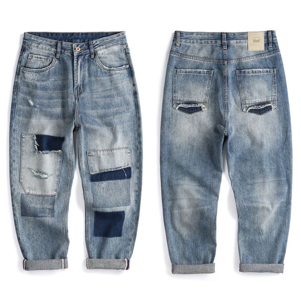Men's Clothing Retro Ripped Jeans For Boys Loose Straight Casual Pants Trendy Patch Nine Point Daddy Pants Large Size Men_viptrois.com
