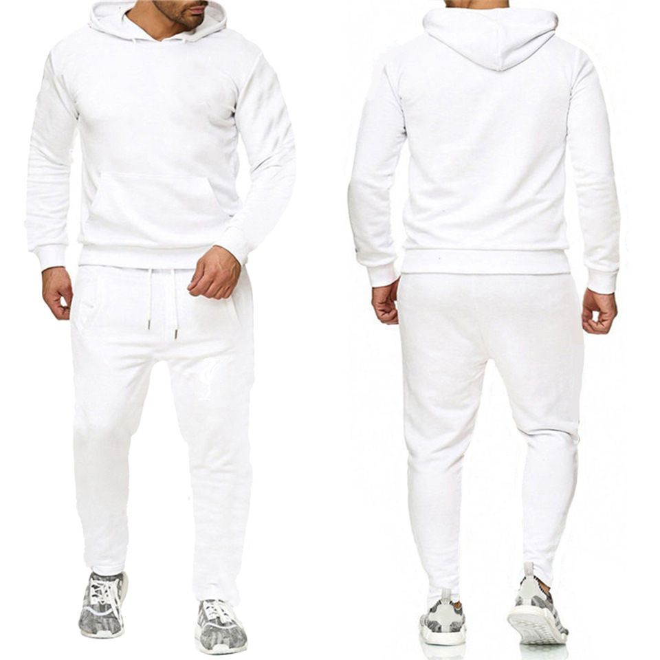 Pure Cross-Border European Size New Solid Men's Sports Trend Pullover Hoodie Set White Khaki Color None_viptrois.com