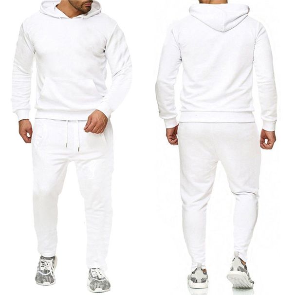 Pure Cross-Border European Size New Solid Men's Sports Trend Pullover Hoodie Set White Khaki Color None_viptrois.com