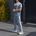 "Men's Color Block Waffle Knit Short Sleeve Set – Breathable Loose Fit Crew Neck T-Shirt & Casual Pants (Black/Khaki/Grey/Green, Sizes S-XXXL)"_viptrois.com