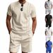 Men's Waffle round Neck Summer Suit Loose Fit Simple Short Sleeve Top with Shorts Casual Ins Style Clothing Set_viptrois.com