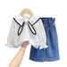 Kid's Clothing Autumn New Girls' Cute Navy Collar Shirt Plus Denim Wide Leg Pants Two Piece Set_viptrois.com