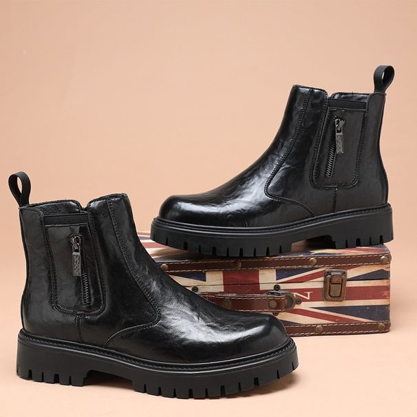 Men's Martin Thick Sole Autumn New Mid-Top Soft Leather Short Fashion Trend Motorcycle Height Increasing Boots_viptrois.com