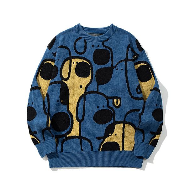 Cartoon Jacquard Sweater - American Streetwear Style, Unisex Oversized Knit Pullover For Couples & Casual Wear_viptrois.com