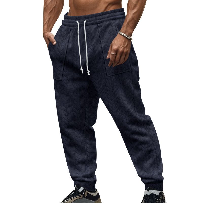 Men's Clothing Retro Casual Sports Solid Color Jacquard Drawstring Trousers_viptrois.com