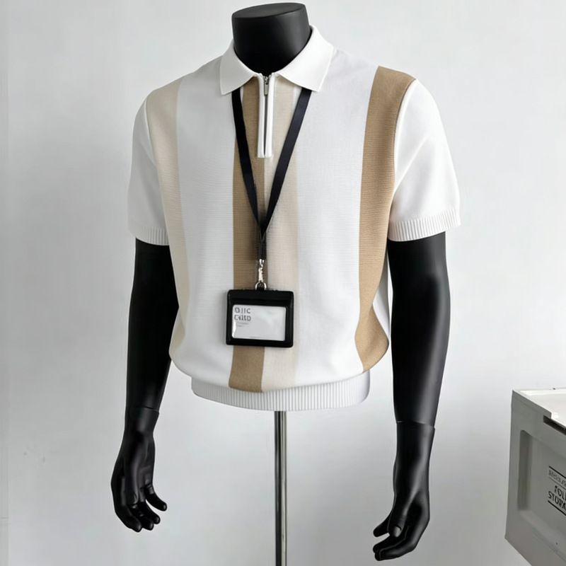Men's High-End Ice Silk Knit Polo Shirt Short Sleeve Striped Pullover Lapel Top Summer 2026_viptrois.com