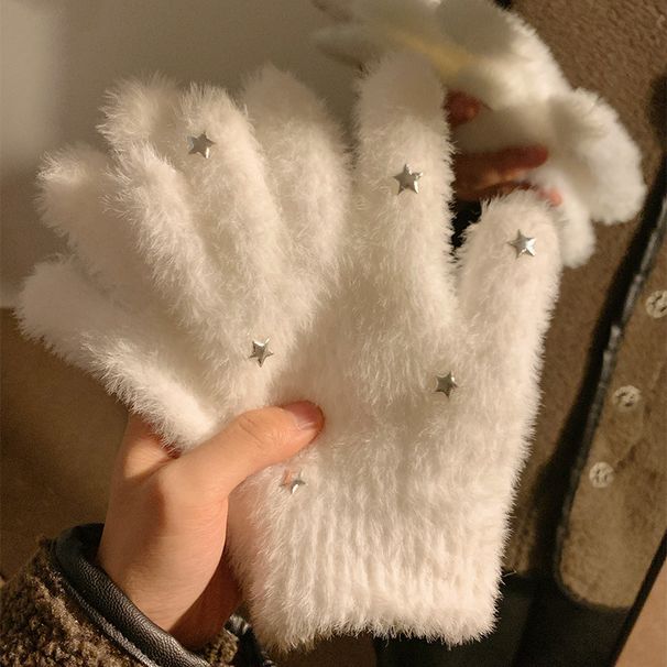 Cute Star Plush Gloves For Women Winter White Fluffy Fingerless Thickened Warm Student Five-Finger Cold-Proof Cycling_viptrois.com