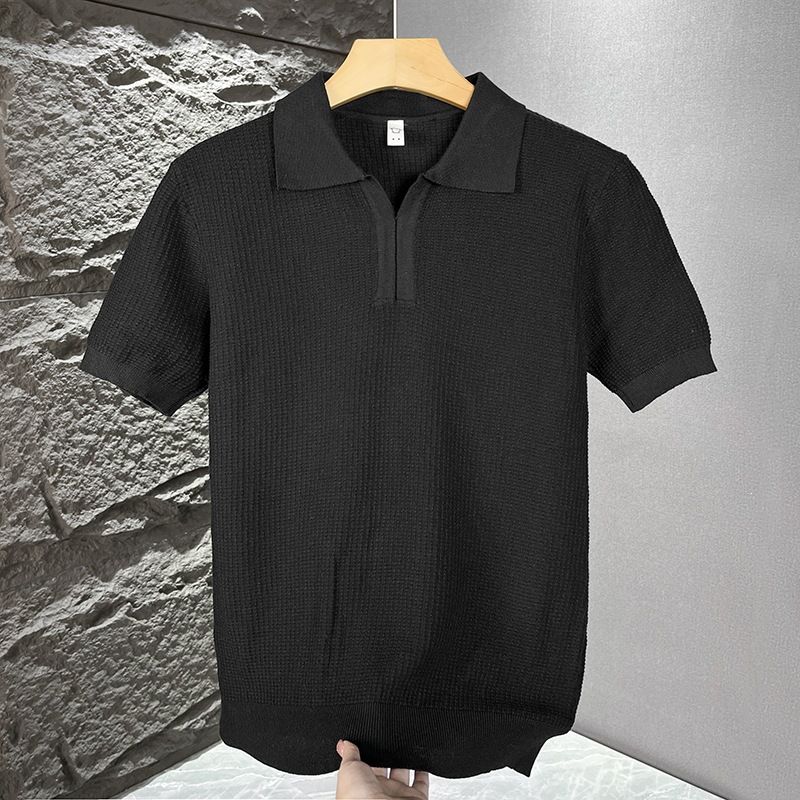 Men's Old Money Style Knitted Shirt Short Sleeve Summer Trendy Solid Color Half Sleeve T-Shirt Loose Casual Top_viptrois.com
