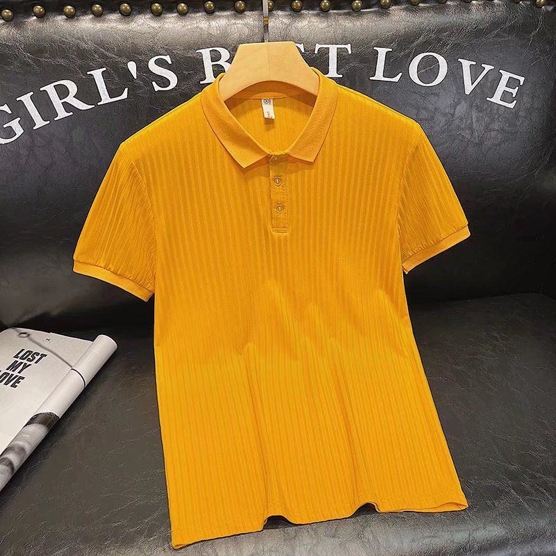 Men's Clothing Men's Striped Knit Shirt Casual Lapel Ice Silk Short Sleeve T-Shirt High-End Trendy Brand Simple Top For Summer_viptrois.com