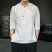 2024 New Chinese Style Summer Cotton Hemp 3/4 Sleeve with Oblique Front and Solid Standing Collar Casual Shirt_viptrois.com