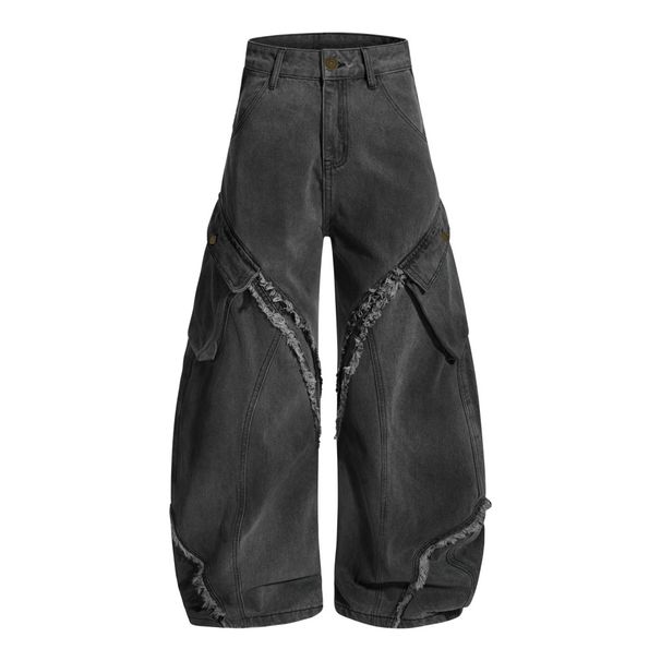 Washed Vintage Oversized Wide-Leg Jeans For Men, Niche Design, Street Style, Deconstructed Patchwork, Frayed Hem, Cargo_viptrois.com