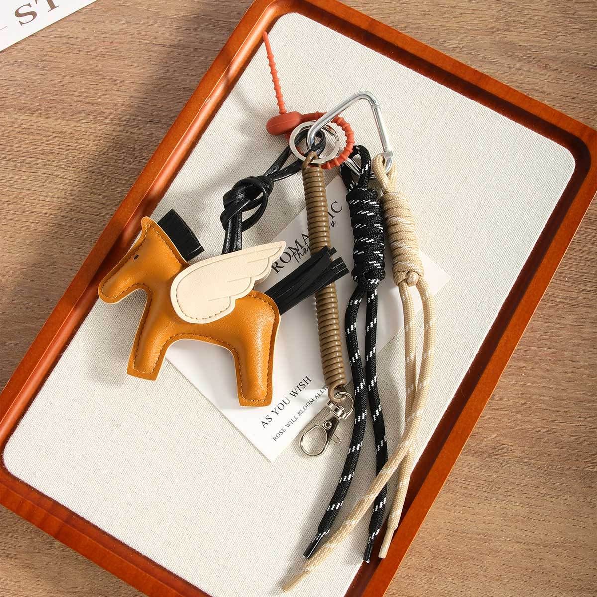 Playful Mini Horse Bag Charm – Stylish PU Leather Keychain With Tassels (Brown, Boho Chic Accessory)_viptrois.com