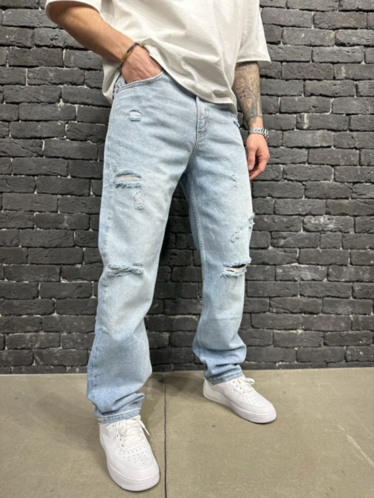 Men's Clothing Men's Simple Loose Straight Jeans Wide Leg Ripped Handsome Denim Straight Pants_viptrois.com