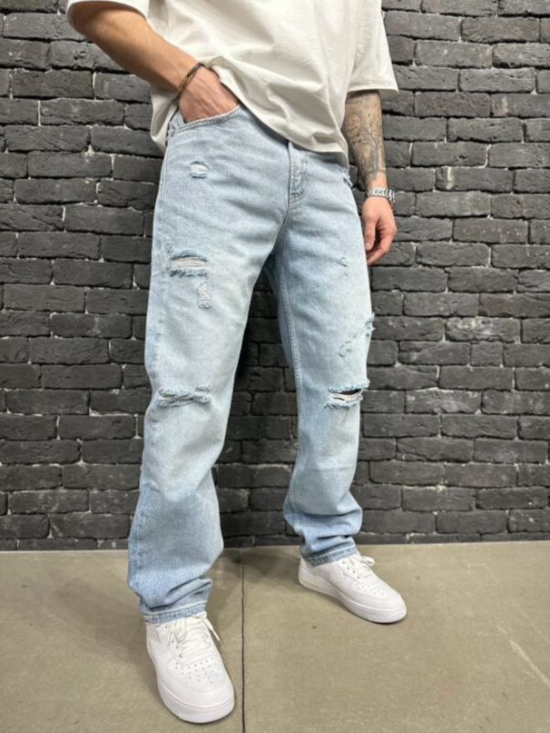 Men's Clothing Men's Simple Loose Straight Jeans Wide Leg Ripped Handsome Denim Straight Pants_viptrois.com
