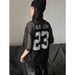 Letter-printed V-neck Short-sleeve T-shirt, Summer Hollow-out Cropped Jersey, Loose-fitting Mesh Top For Men And Women_viptrois.com