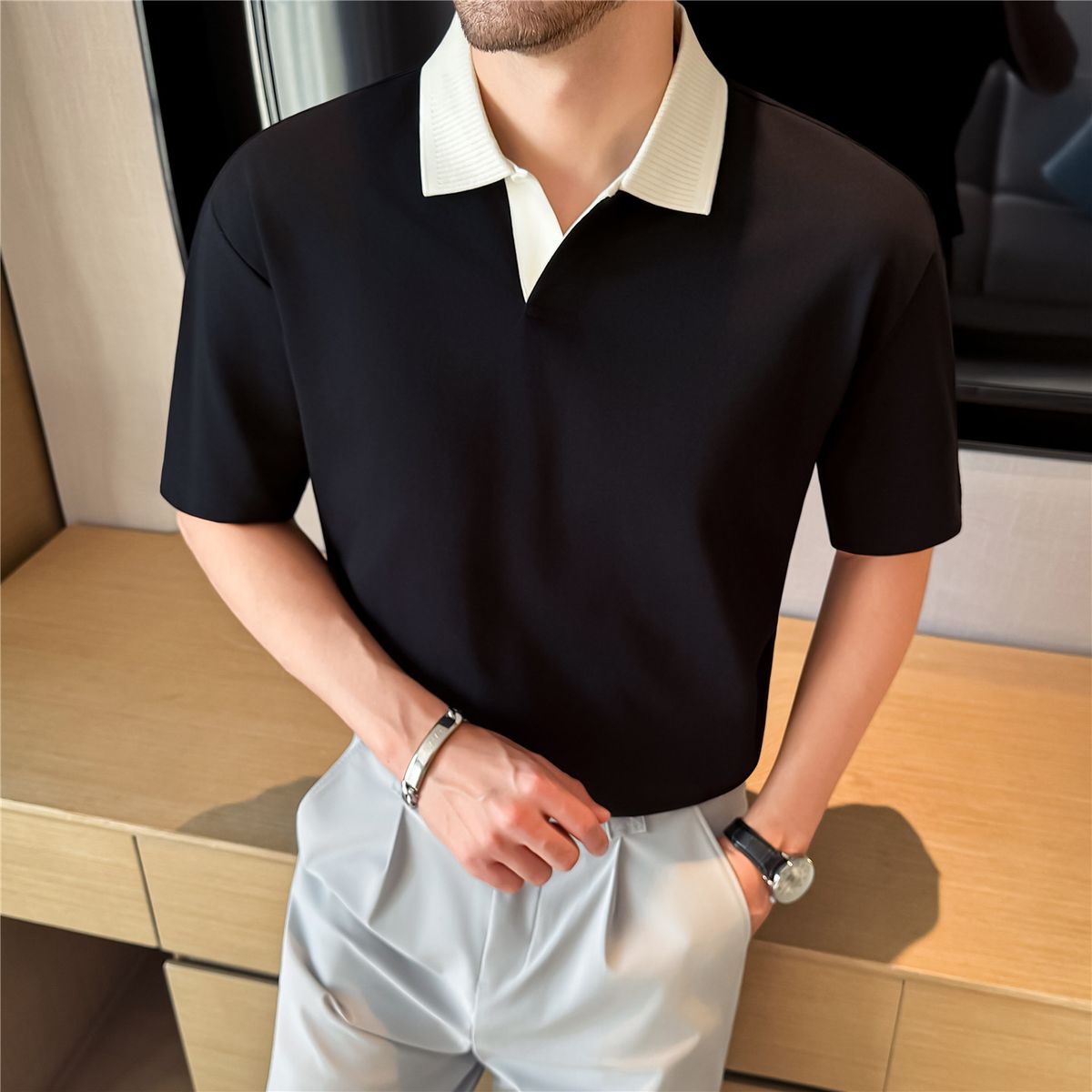 Summer Men's Short Sleeve Polo Shirt 7A Antibacterial Seagull Collar Drop Shoulder Turn down Business Casual Loose T-Shirt_viptrois.com