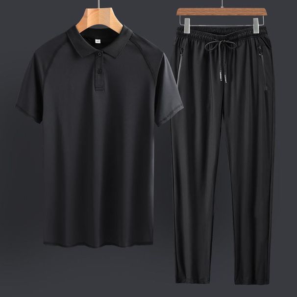 Men's New Summer Comfortable Ice Silk Sports Suit Men's Casual Short-sleeved Long Pants Two-piece Set_viptrois.com