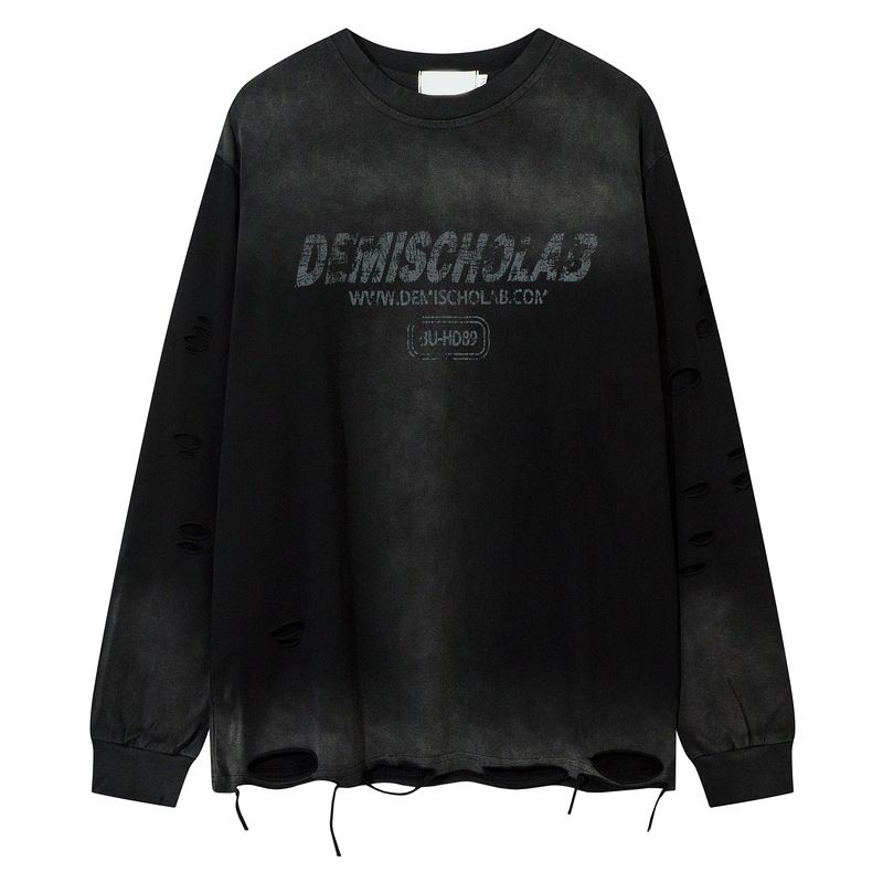 Men's Clothing High Street Style Hole Treatment Loose Sloppy Wasteland Asian Style Autumn Trend Brand Handsome Hoodless Long Sleeved T Shirt_viptrois.com