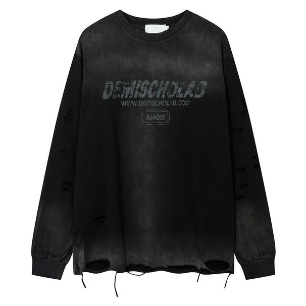 Men's Clothing High Street Style Hole Treatment Loose Sloppy Wasteland Asian Style Autumn Trend Brand Handsome Hoodless Long Sleeved T Shirt_viptrois.com