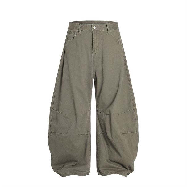American Style Washed Scimitar Jeans For Men Loose Curved Wide-Leg Street Fashion Solid Color Long Pants_viptrois.com