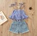 Baby Clothing Stylish girl suit Halter plaid ruffled tank top + denim shorts suit_viptrois.com