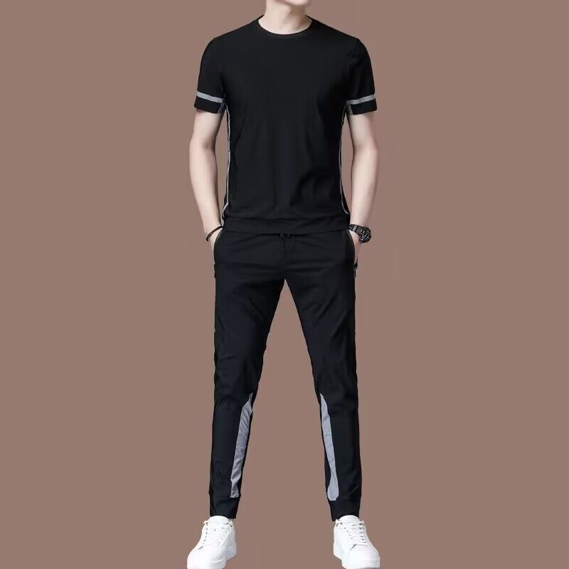 New Elastic Thin Ice Silk Two-Piece Set Summer High-End Men's Casual Sports Plus Size Suit Trend_viptrois.com