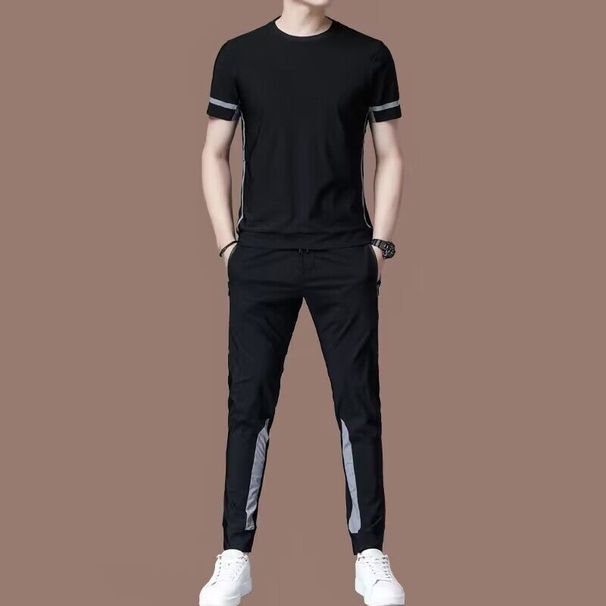 New Elastic Thin Ice Silk Two-Piece Set Summer High-End Men's Casual Sports Plus Size Suit Trend_viptrois.com