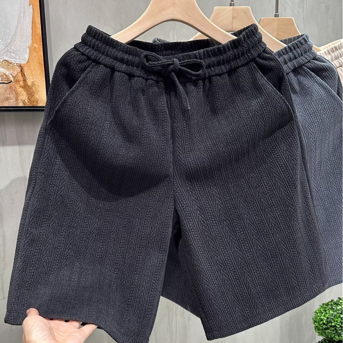 Men's Wheat Patterned Knit Shorts Solid Color Jacquard Design Retro Casual Mid-Length Five Quarter Pants For Students And Young Adults_viptrois.com