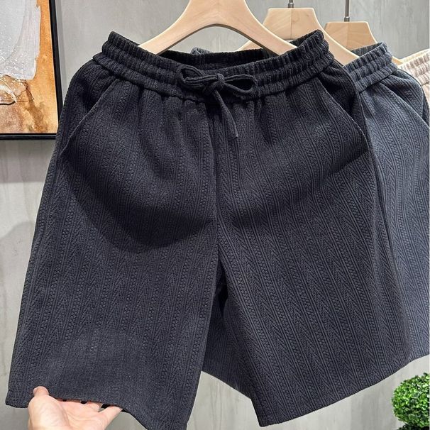 Men's Wheat Patterned Knit Shorts Solid Color Jacquard Design Retro Casual Mid-Length Five Quarter Pants For Students And Young Adults_viptrois.com