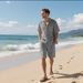 Summer Men's Solid Color Casual Shirt Breathable Lapel Button Short Sleeved Beach Set_viptrois.com