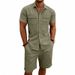 Men's Linen Short Sleeve Shirt And Pants Set, Casual Breathable Two-Piece Outfit For Summer, Relaxed Fit Linen Lounge Set_viptrois.com